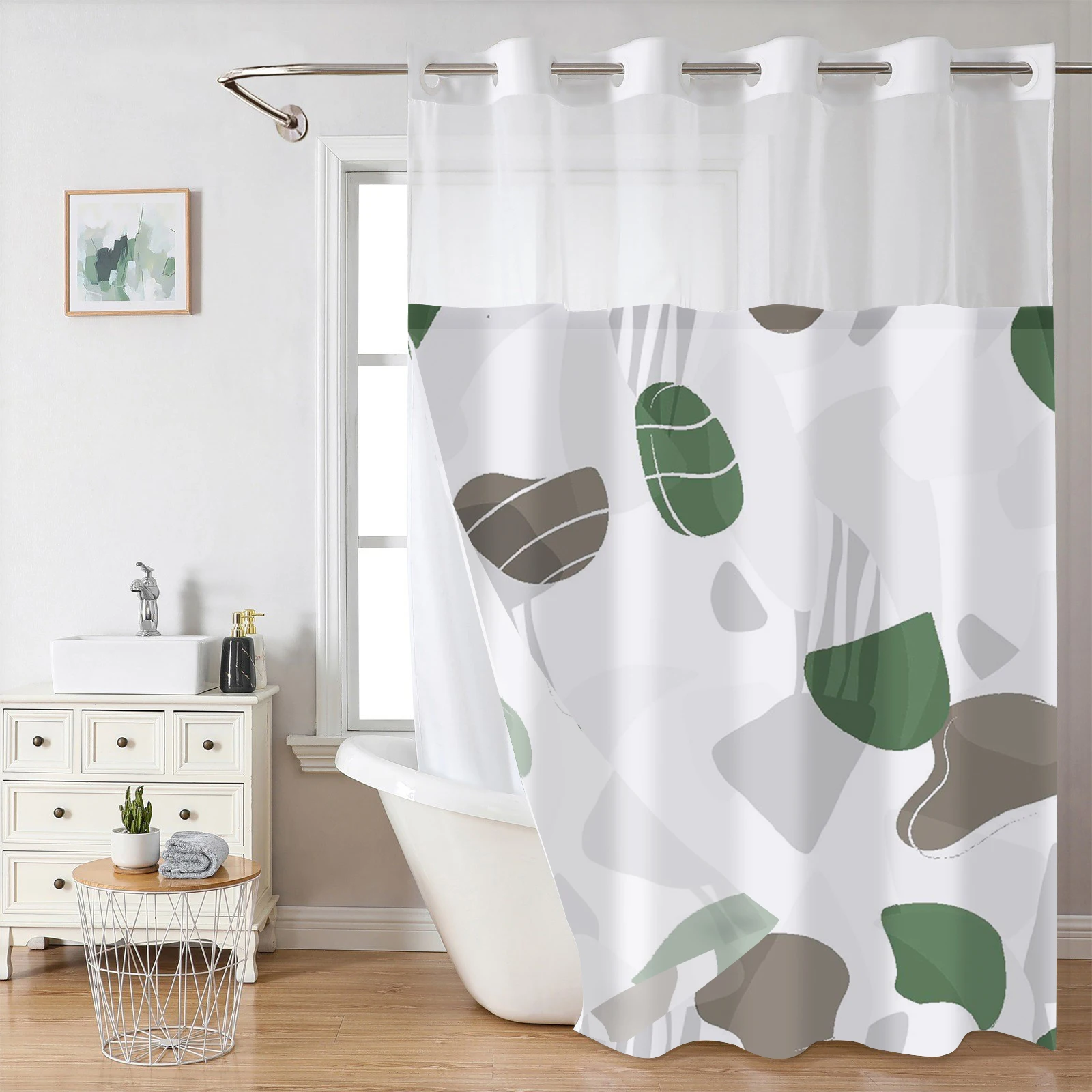 

No Hook Geometric Pattern Shower Curtain With Snap-in Fabric Liner, Sheer Top Window, Waterproof Double Layer Bathtub curtain