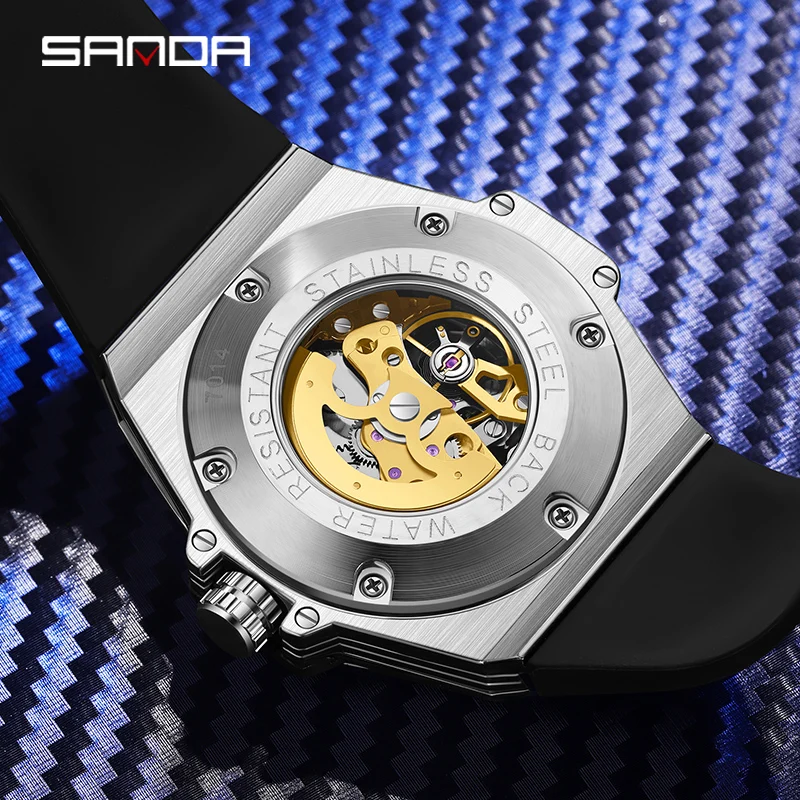 SANDA Luxury Watches For Men Automatic Mechanical Watch 30M Waterproof Rubber Strap Male Wristwatch Hollow out design dial