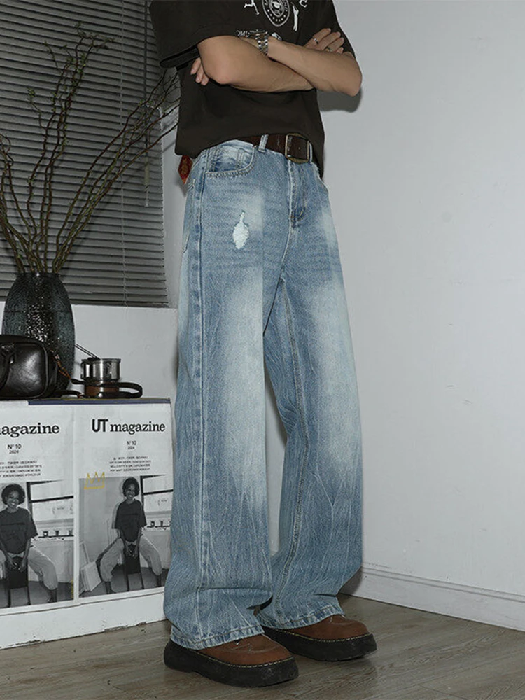 

Waed Vintage Wide Leg Jeans Men's Loose Straight Cut Jeans Summer Trendy CleanFit High Street Sle Faded Blue Denim Trousers