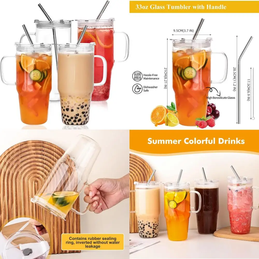 

Стеклянный стакан на 33 унции с крышкой и соломинкой, стеклянная чашка в упаковке из 4 чашек с ручкой, чашки для кофе со льдом, набор толстых стаканов для питья, прозрачные дорожные чашки