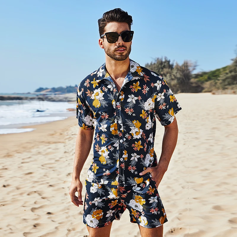 2024 Men\'s Sets 2 Piece Hawaiian Shirts and Shorts Sets Floral Printing Casual Beach Shirts Outfits Men Holiday Wear Summer