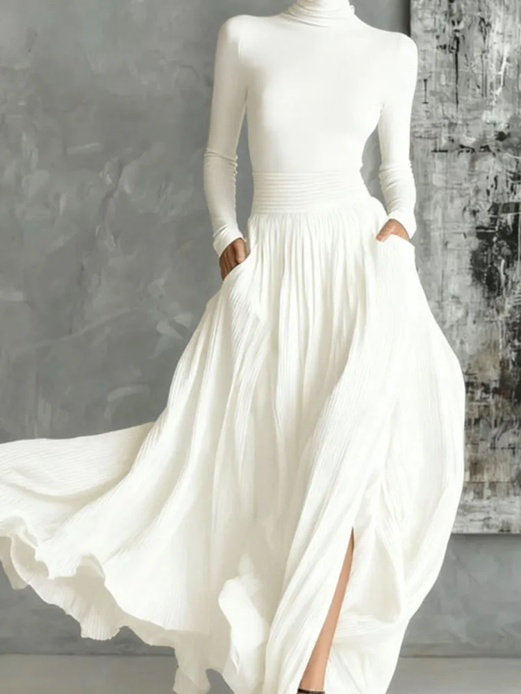 Causal Long Sleeve Draped Long Skirt Suit Women Elegant Pocket Solid 2Pc Set Fashion Turtleneck Long Sleeve Top + Skirt Outfits