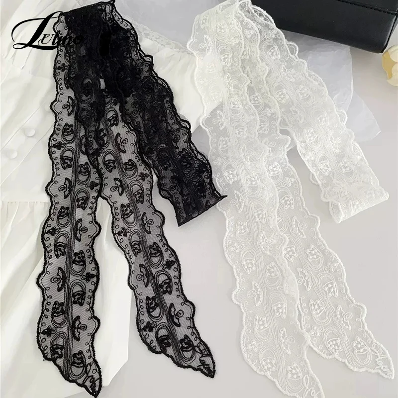

Кружевной декоративный тонкий шарф с белым цветком, 180 см, узкий женский шарф Y2K, длинный узкий кружевной полый шарф, винтажная повязка на голову с кружевной отделкой