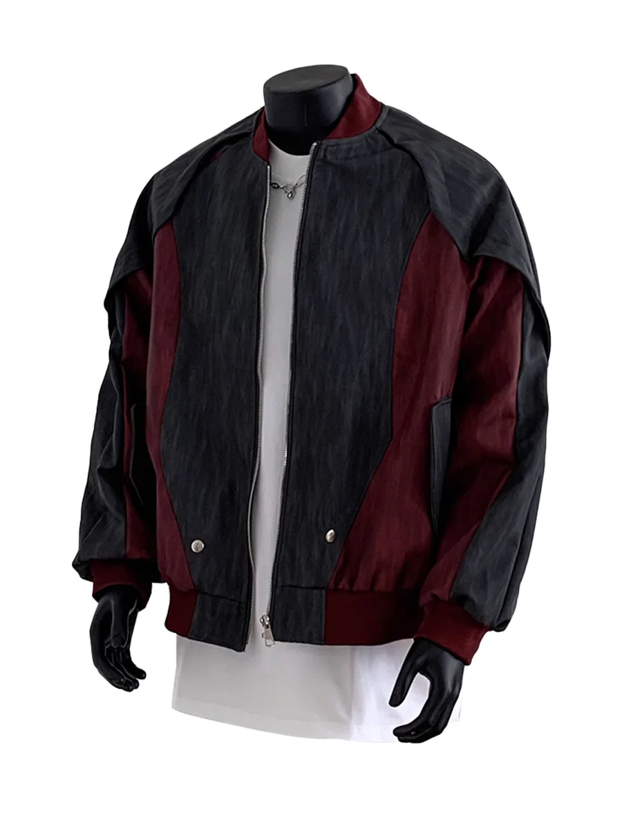 

Musonmu American Retro Deconstructed Patchwork Leather Jaet Men's Trendy Color Blo Baseball Jersey Top Faion Urban Yout...