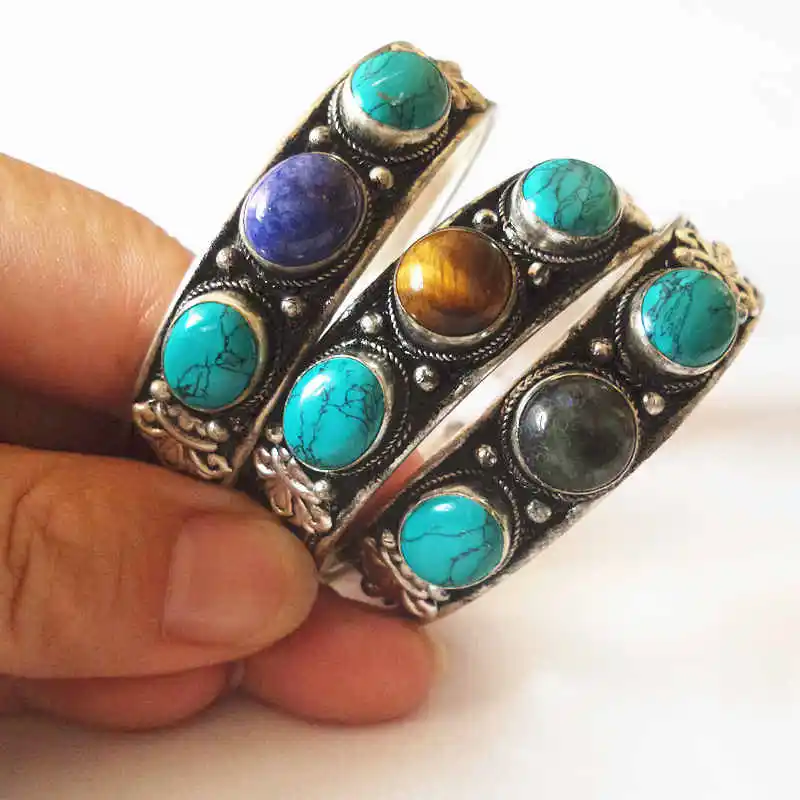 Tibetan Bangles Copper Inlay Colorful Beads Open Cuff Bangles Turquoise Labradorite Tiger Eye Beads Bracelets BB-049