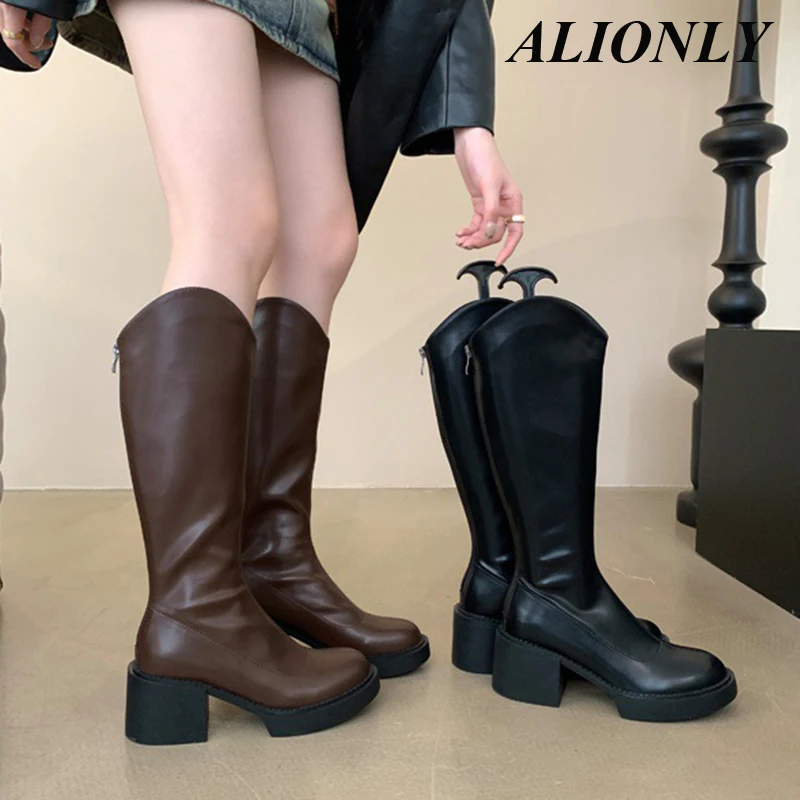 

Alionly 2025 New Autumn Winter High Heel Women Knee High Serpentine Boots Designer Chunky Shoes Zipper Long Botas Mujer