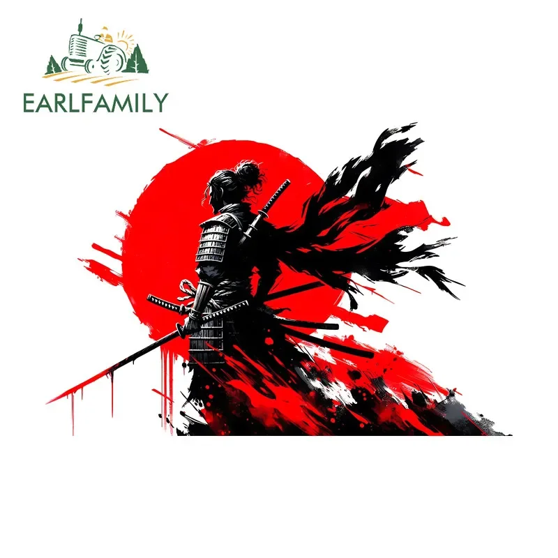 EARLFAMILY Samurai With Red Sun Car Stickers Waterproof Scratch-Proof Decal Suitable For Motorcycle Rear Luggage Bumper Trunk