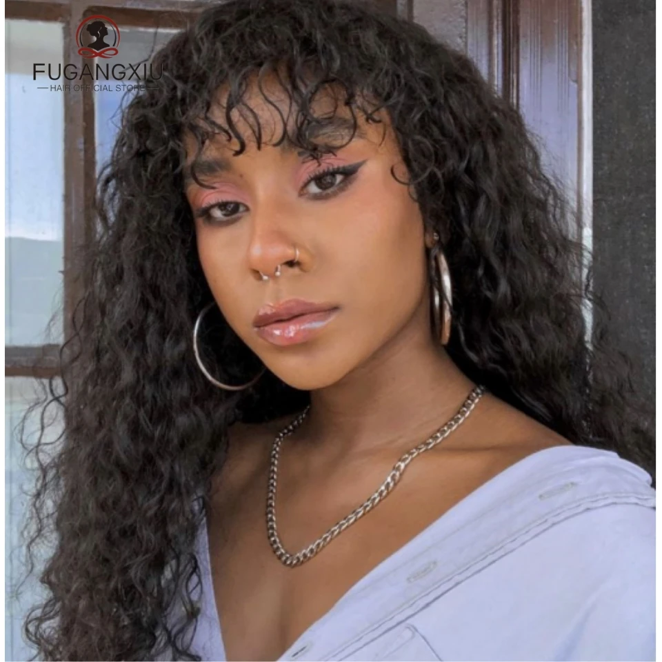

FUGANGXIU 12A Water Wave Brazilian Human Hair Wig With Bangs Machine Made Wigs for Black Women Deep Wave Curly Wigs On Promotion