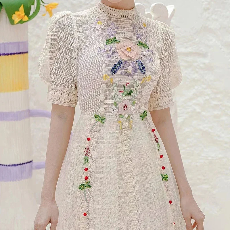 Summer Vintage Embroidery Flower Dress for Women Elegant Short Sleeve Vintage Bodycon Lady Clothing Luxury Design Party Vestido