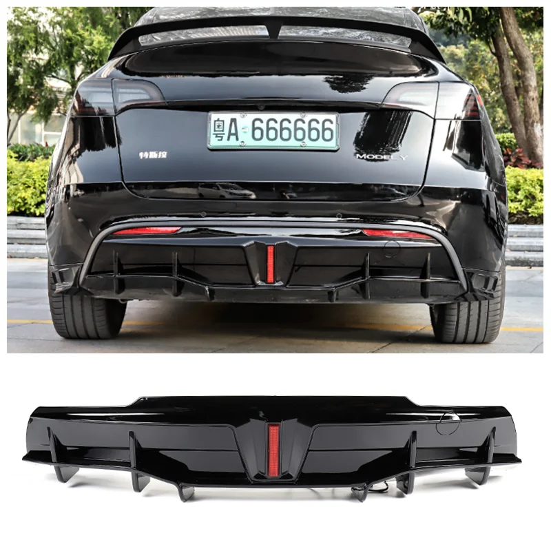 For Tesla Model Y 2020 2021 2022 2023(With LED Light) High Quality ABS Black Rear Trunk Diffuser Bumper Lip Spoiler Cover