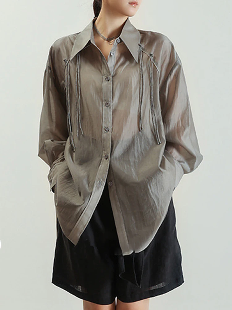 [LANMREM] Perspective Sunscreen Long Sleeve Shirts For Women Lapel Single Breasted Loose Blouses 2024 Summer New 26D9698