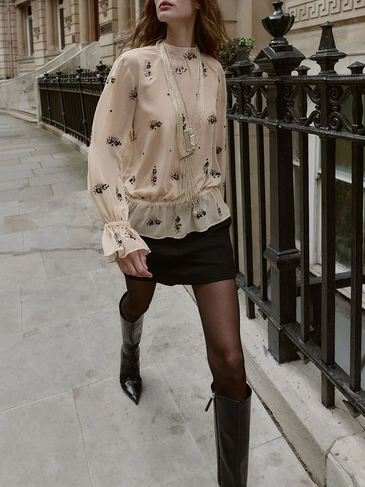 Inverno 2025 Novo feminino Faionable Long Sve Stand Collar Frisado Semi-Transparente irt Traje de Palco Étnico Premium Ladie...