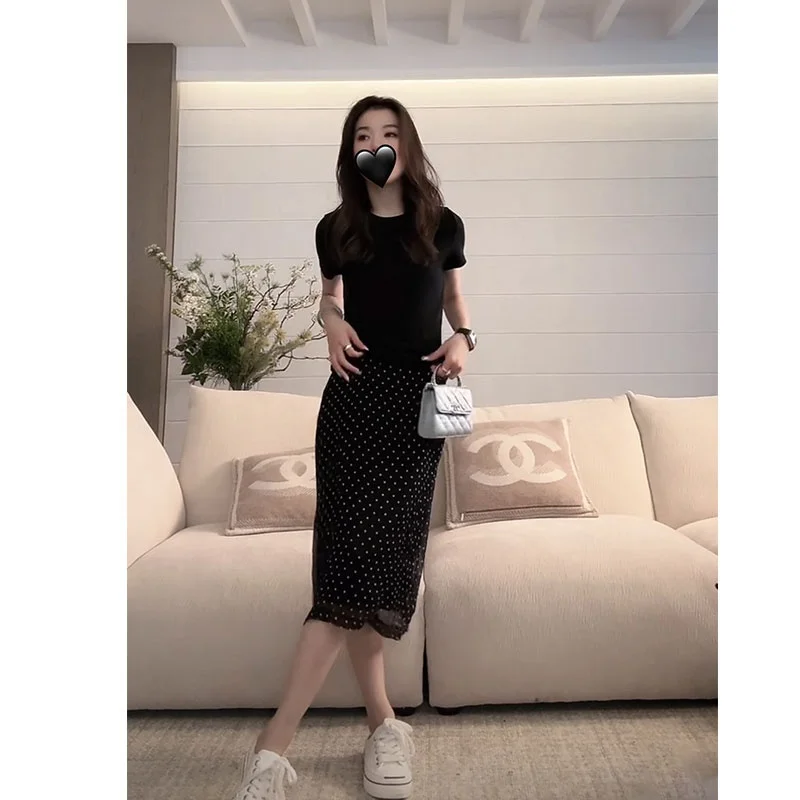 

Романтическая асимметричная юбка трапециевидной формы миди в горошек в стиле ретро, дизайн со средней талией для прогулок в лето 2023 г.