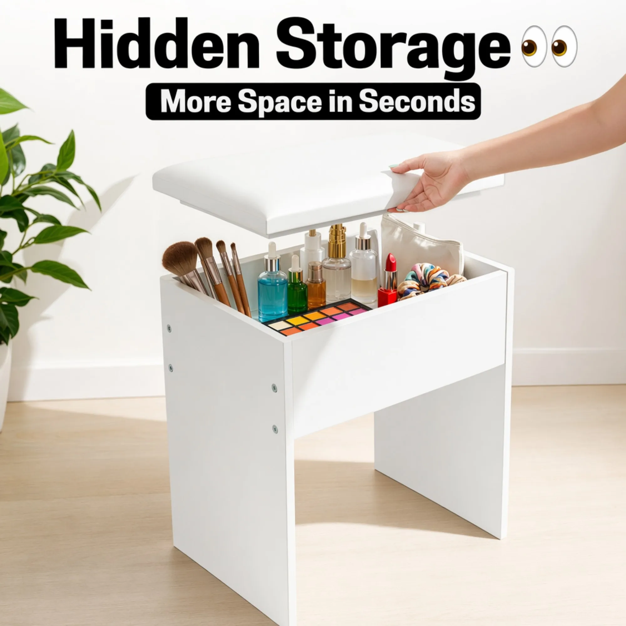 

Hidden Storage Vanity Stool, Flip-Top Makeup Stool with Large Capacity, Soft Cushioned Seat for Cosmetics Organization, White Wooden Storage Ottoman Bench for Bedroom & Dressing Room