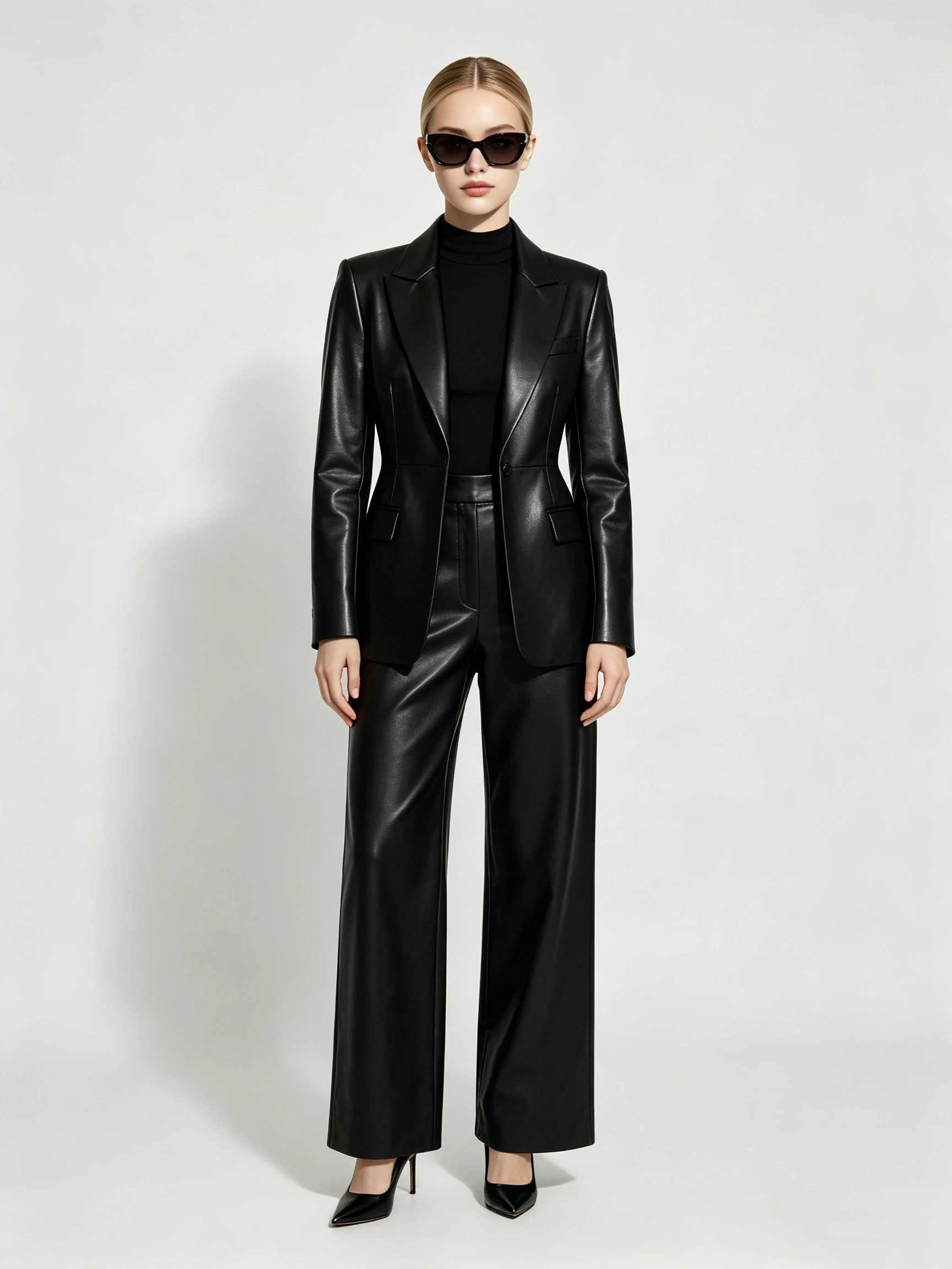 Women's Faux Leather Two-Piece Suit with Notch Lapel Blazer and Wide-Leg Trousers