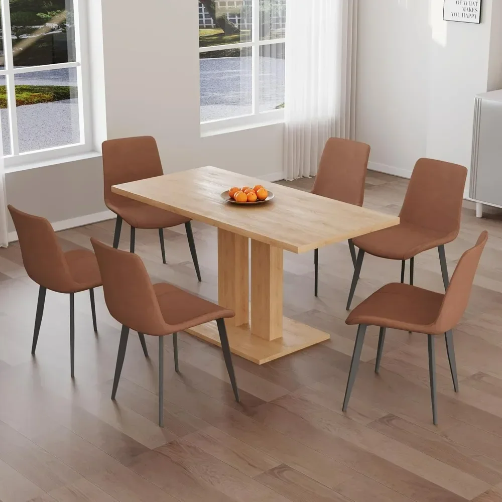 Modern 58 inch kitchen 7-piece rectangular dining table set, suitable for restaurants (dining table+6 brown chairs)