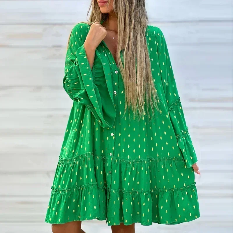 

Повседневные свободные платья с оборками и V-образным вырезом, 2024, женское мини-платье с длинным рукавом и принтом в горошек, женские платья-трапеции, уличная одежда