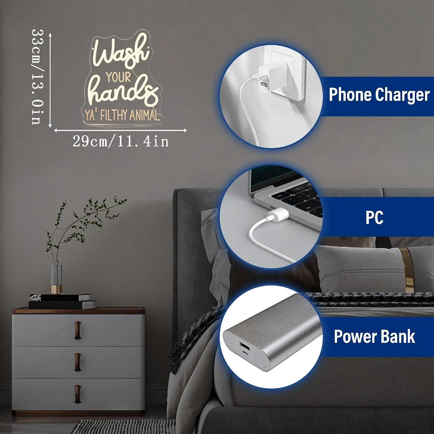 Wash Your Hands Ya Filthy Animal Neon Sign USB Dimmable LED Light for Bathroom Restroom Powder Room Kitchen Humor Neon Wall Art