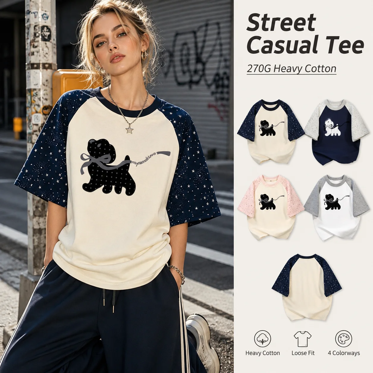Women Oversized T Shirt Cartoon Dog Print Star Sleeve Patchwork Tee 270g Cotton Short Sleeve Korean Casual Summer Top S-3XL