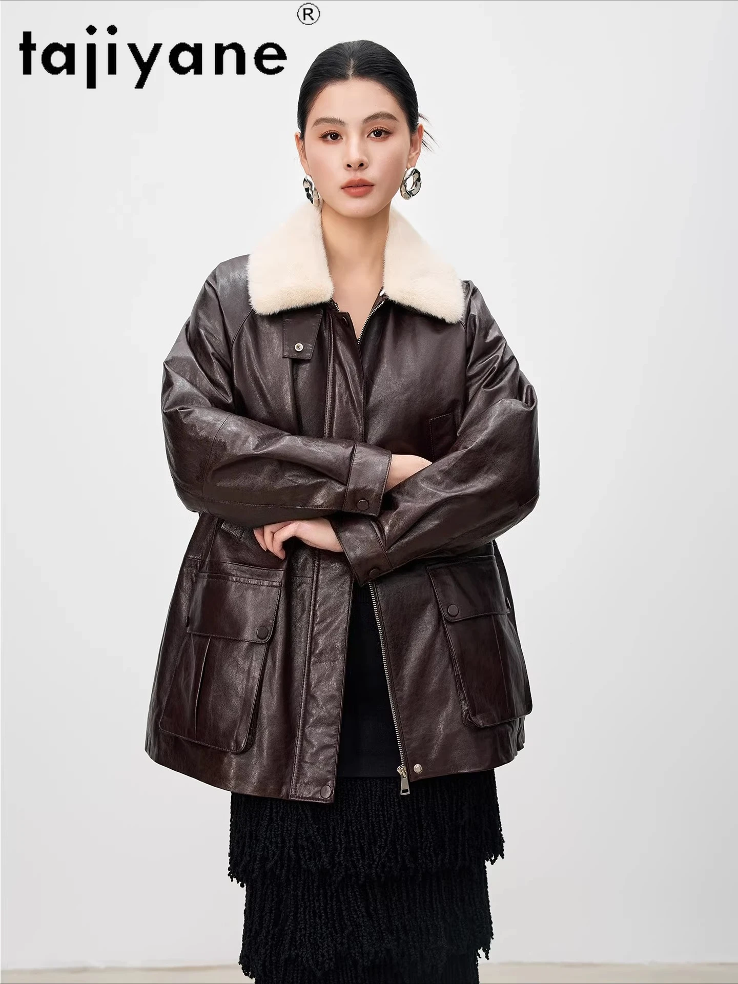TAJIYANE Płaszcze z najwyższej jakości skóry owczej z puchem gęsim, luksusowy płaszcz z kołnierzem z futra norek, kurtka ze skóry naturalnej, odzież zimowa damska 2025, шуба