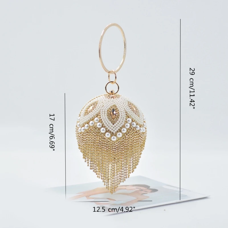 Luxurious Round Ball Shape Evening Bag Women Glittering Rhinestones Pearl Handbag Elegant Wedding Prom Party Clutch Shoulder Bag