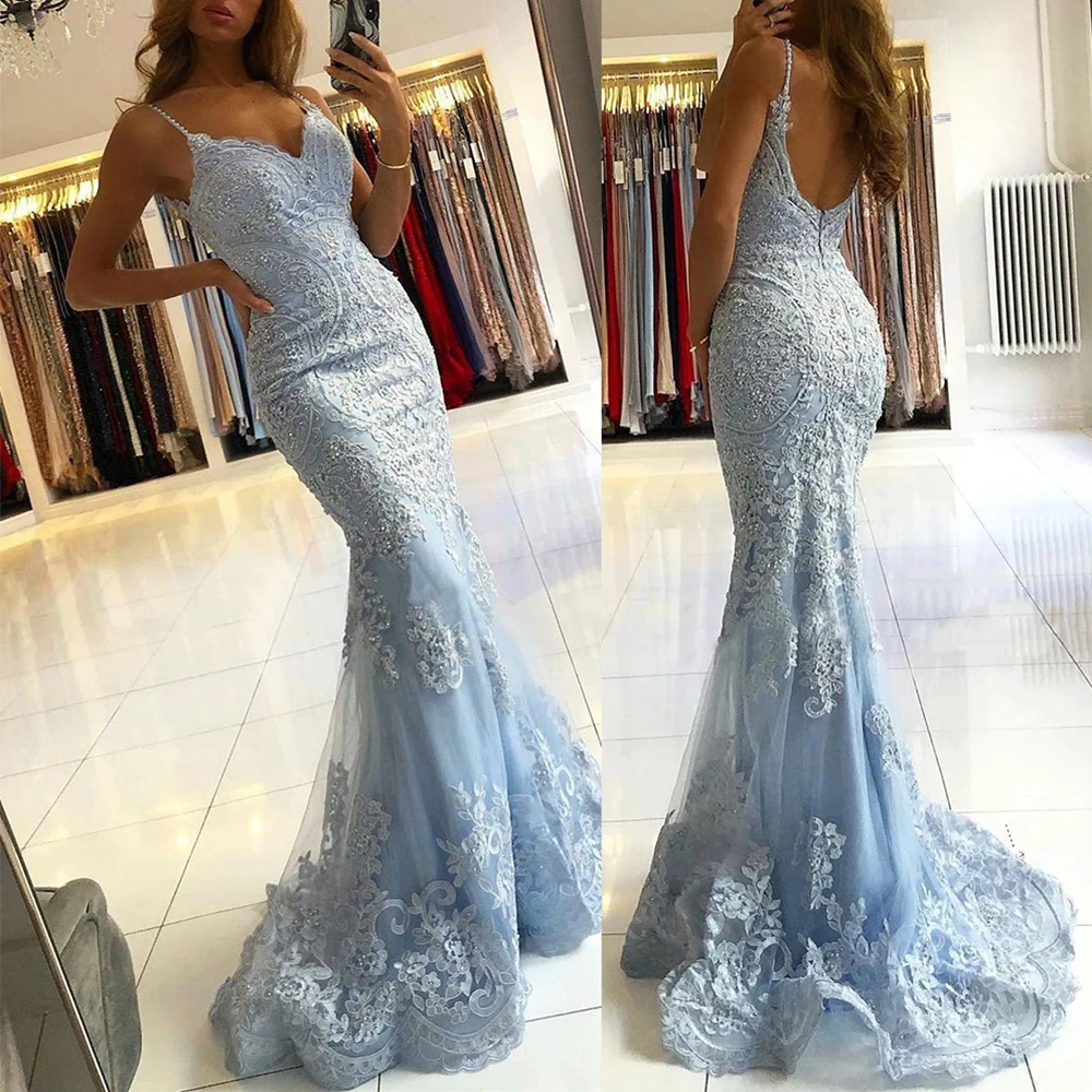 

Blue Lace Sleeveless V Neck Trumpet Evening Mesh Backless Spaghetti Strap Robe De Soiree