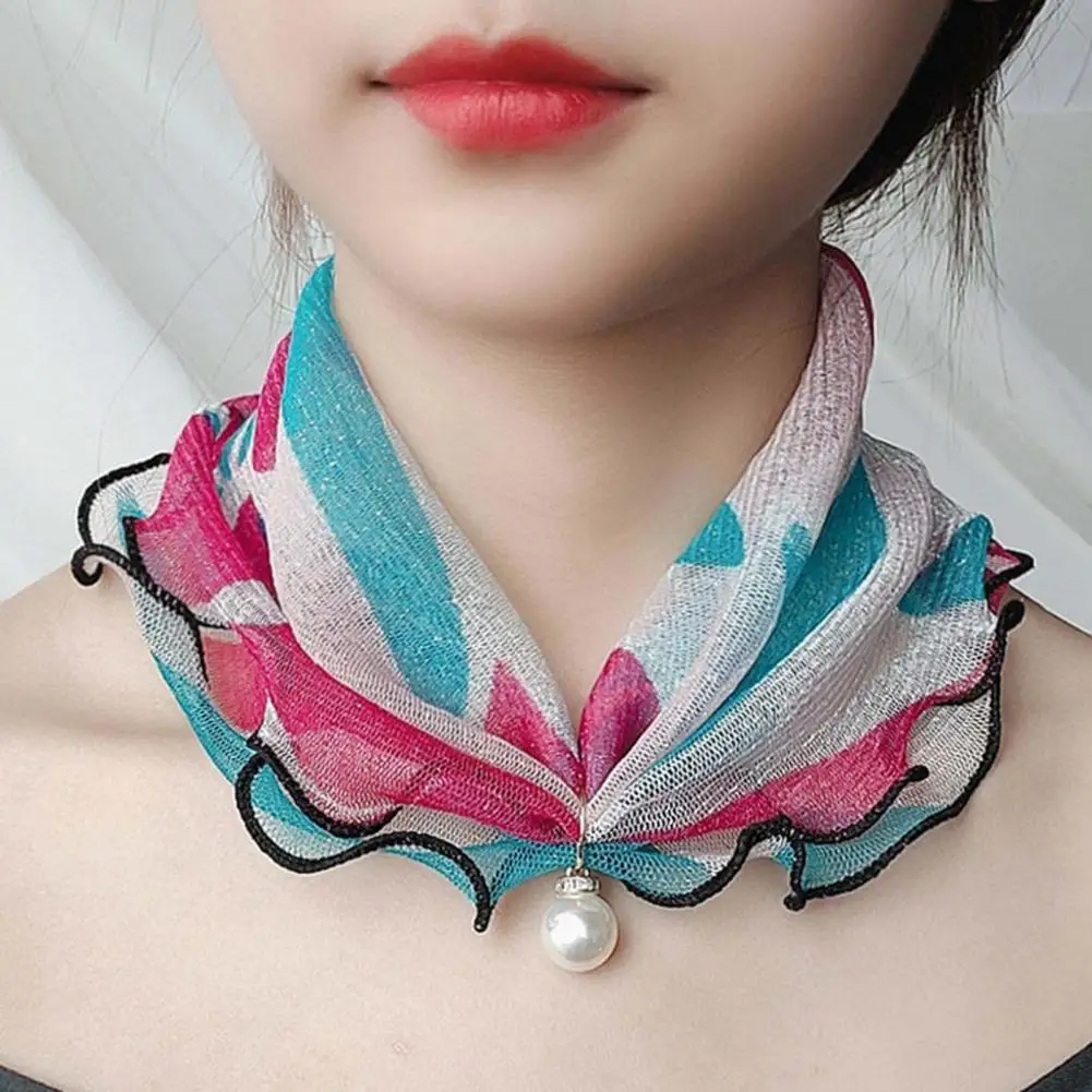 Women Silk Scarves Painting Print Imitation Pearl Neck Wrap Durable Ruffle Edge Lady Headscarf For Banquet