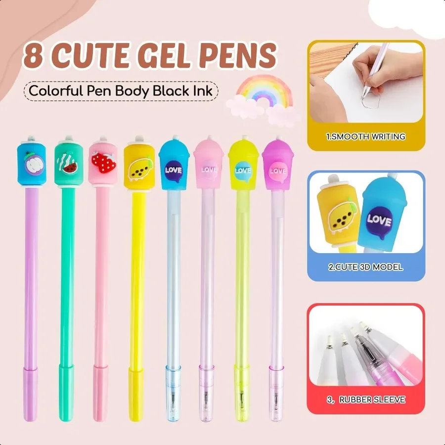 مقلمة Kawaii ومجموعة قرطاسية وردية كاملة مكونة من 61 قطعة مع حافظة بوبا اللطيفة المنبثقة 8 أقلام 50 ملصقات شاي فقاعات متعددة الألوان