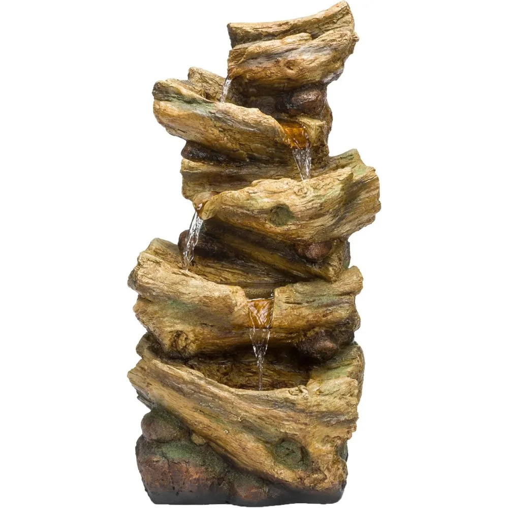 

tzl226 24" outdoor 4-tier log fountain with led lights, cascading tree trunk feature for garden, patio, backyard & landscape dé