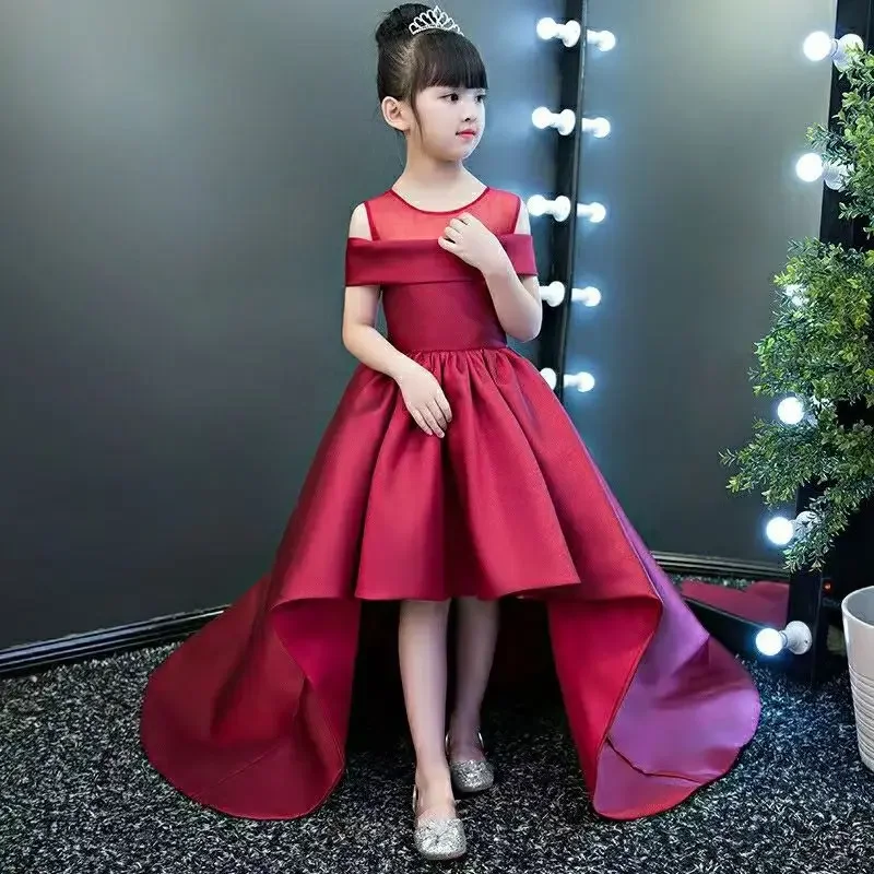 Prinzessin Party Abend Vorderraum Mädchen 3-16 Jahre alt Kinder Hochzeitskleid Weinrot Show Schwanzkleid Host Kinder durchführen