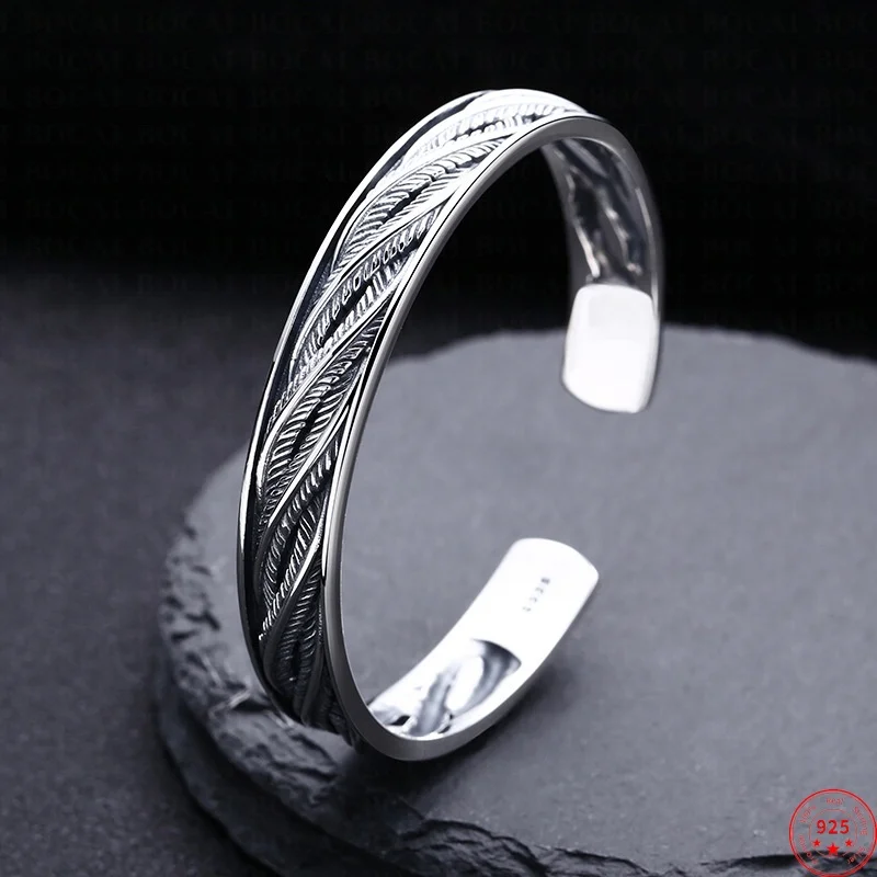 

S925 Sterling Silver Charms Bracelets for Women Men Emboss Leaves Pattern Bangle Retro Old Punk Fashion Jewelry Wholesale