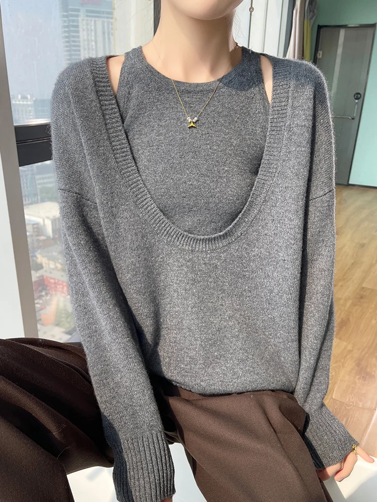 

Women's U-Neck Two-Piece Top sweater Long Sleeve Pullover Casual Soft 100% Merino Wool Knitwear Autumn Winter Cashmere Top