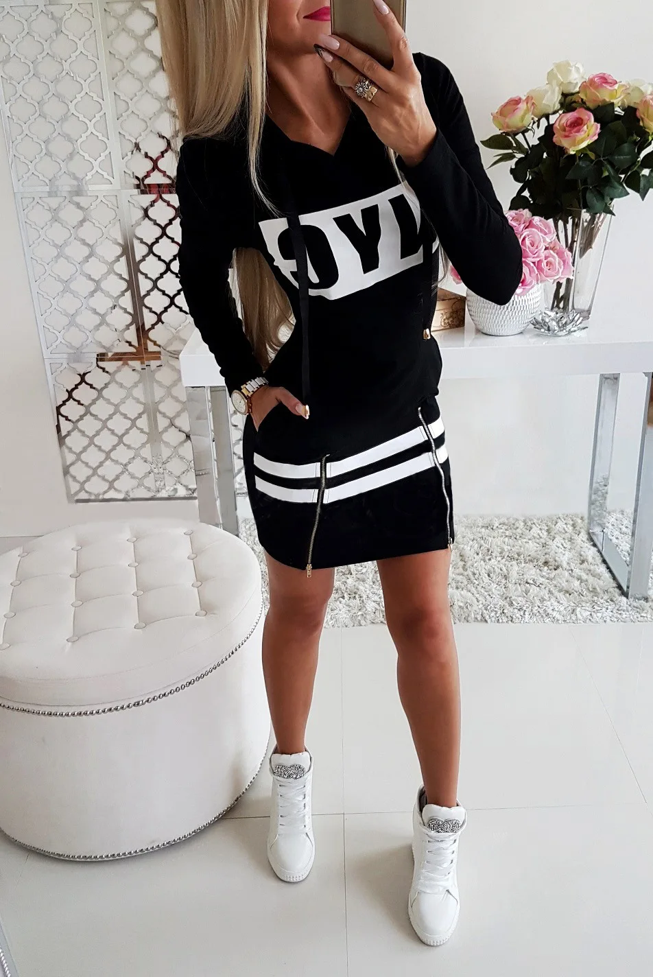 

Women's Letter Print Hooded Top Long Sleeve and Drawstring Design Stylish Casual Dress