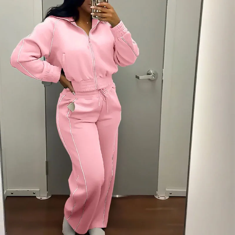 Striped Casual Fall Clothes for Woman Sets 2 Pieces Outfits Sporty Fitness Long Sleeve Zipper Jacket and Sweatpants Track Suit