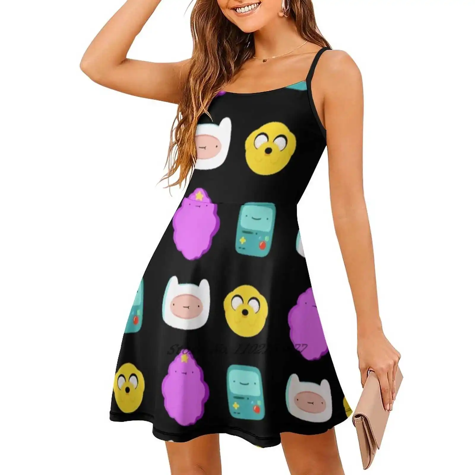 Adventure Time Characters Loose Pocket Dress Summer Sexy V Neck Dress Print Short Sleeve Dress Finn Jake Adventure Time Finn