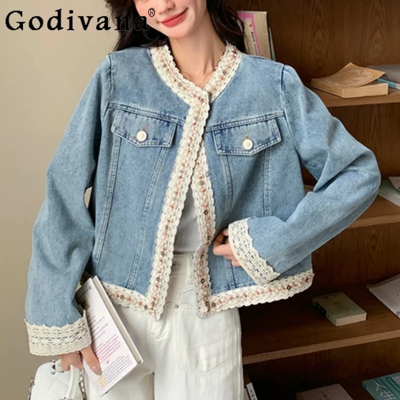 

Women Spring Autumn 2026 New Sweet Lace Spliced Denim Jacket Fashion Chic Age-reducing Versatile Long Sleeve Blue Korean Tops