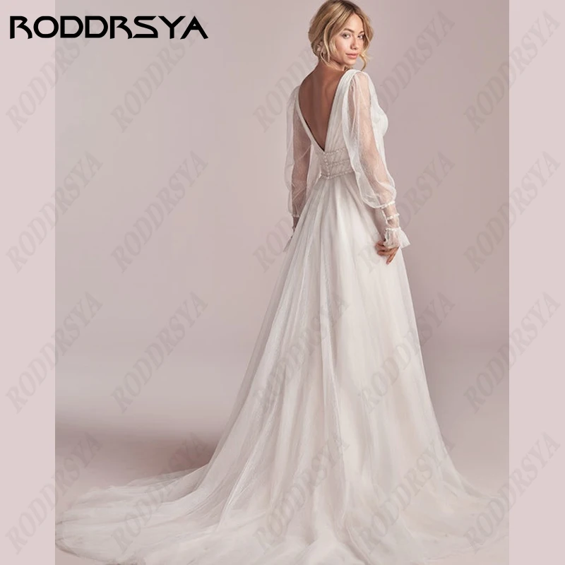 RODDRSYA-Vestidos De Novia románticos De manga larga con Fuff para mujer, Vestidos De Novia De encaje De línea A, elegantes Vestidos De Novia De tul con cuello en V-Vestidos De Novia románticos De manga larga con Fuff