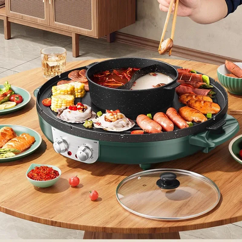 Electric Grill Plate Hot Pot Bbq Pressure Non-stick Chinese Hot Pot Meat Functional Instant Noodle Soup Fondue Chinoise Cookware