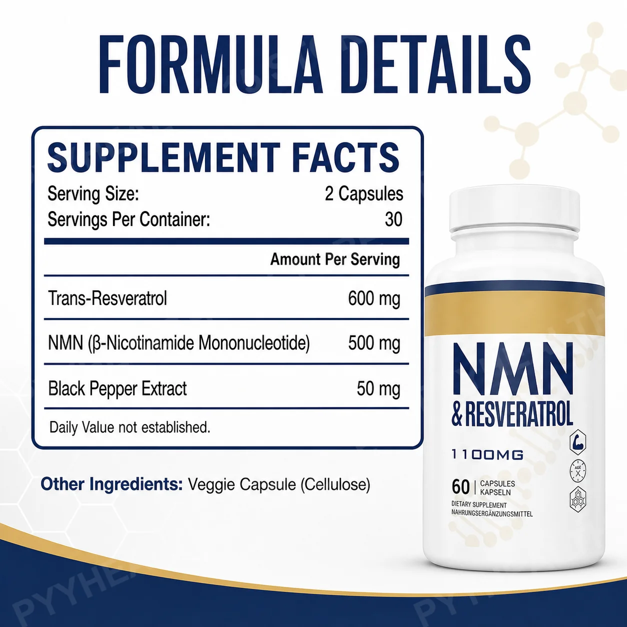 NMN 500 mg with Trans-Resveratrol 600 mg and Black Pepper Extract, Daily Vitality and Wellness Support Formula, 60 Capsules