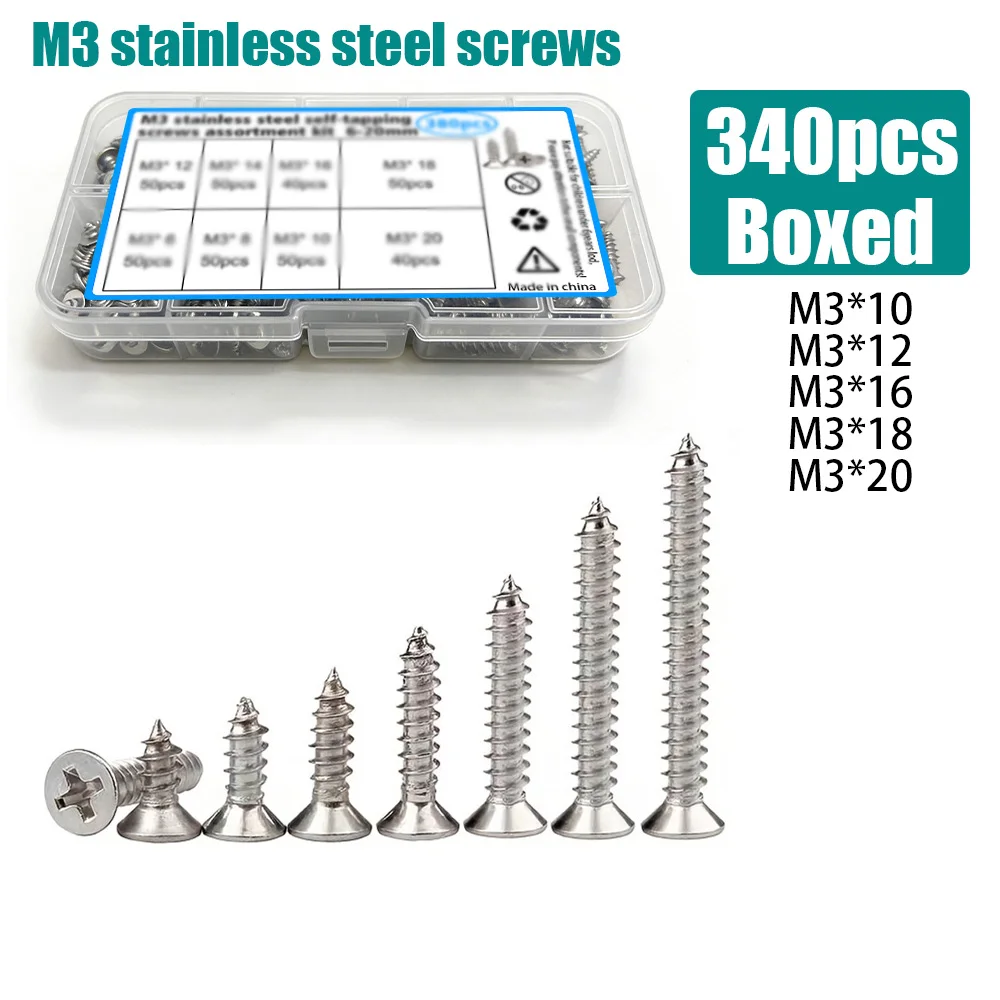 340-Piece High-Strength Self-Tapping Screws Set, M3 (10mm,12mm,16mm,18mm,20mm). Ideal for Home Repair and Wood Board Fastening.