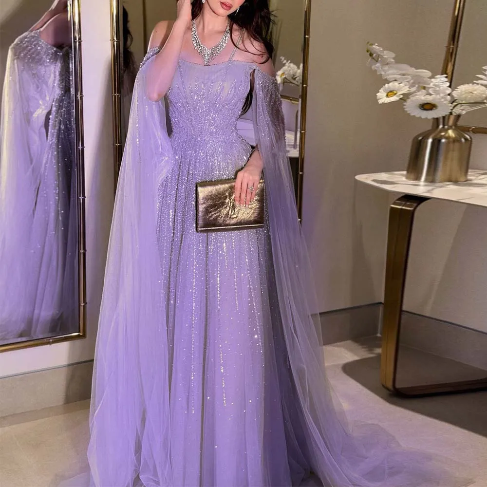 

Customized Beading Embellished vestidos de fiesta elegantes Spaghetti Strap with Cape Sleeve Formal Evening Dress Sweep Train