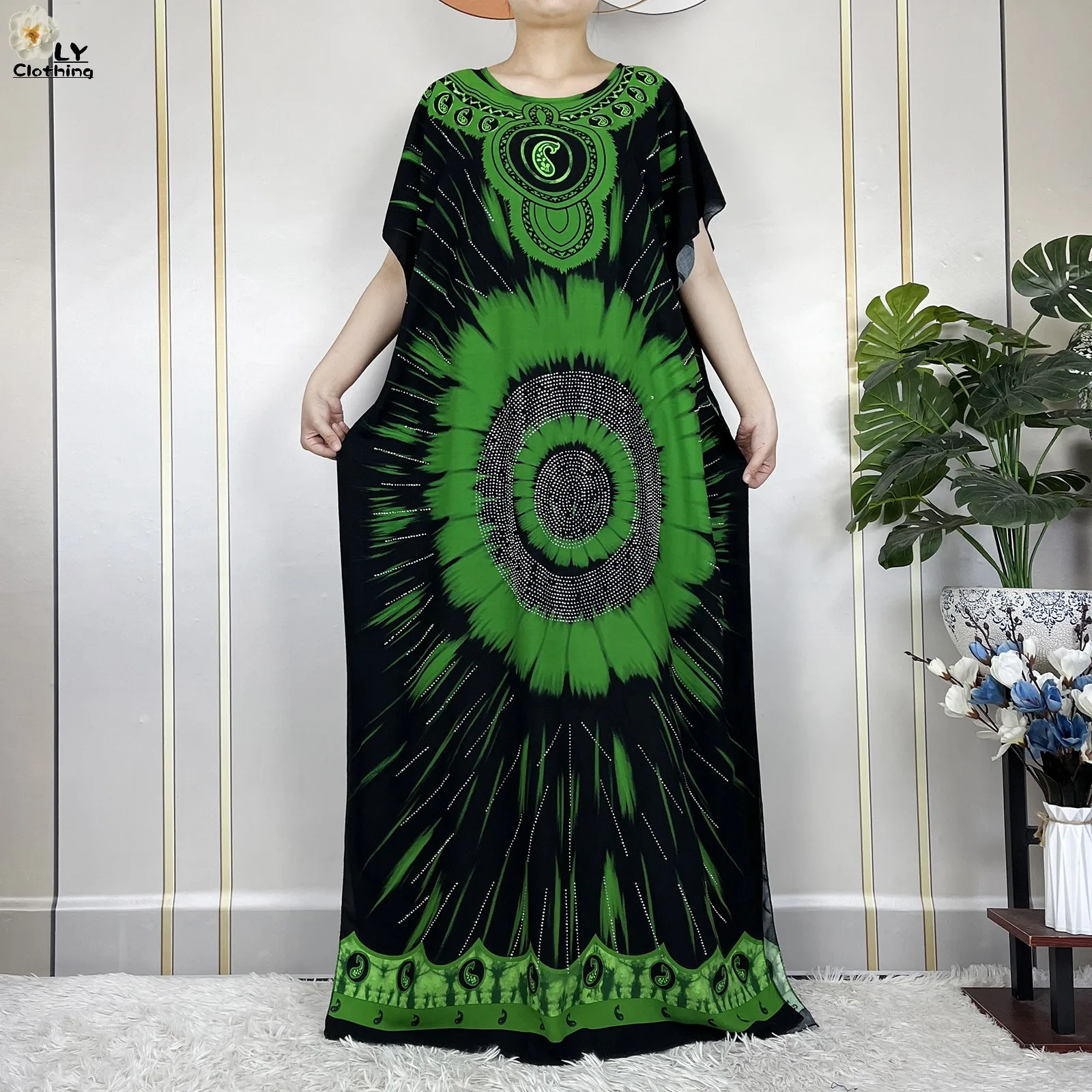 New African Summer Lady\'s Dress With Big Scarf Cotton Diamonds Printed Loose Maxi Islam Dubai Women Short Sleeve Abaya Clothing