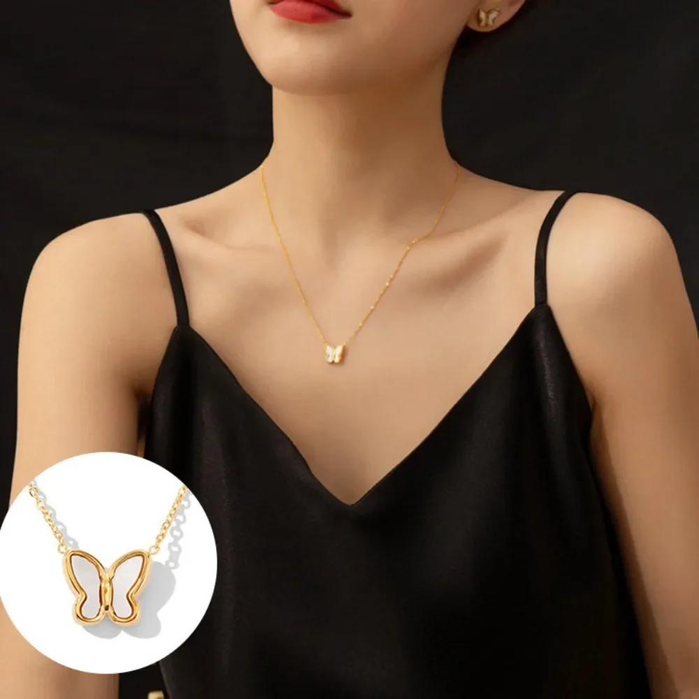 Charm Classic Gold Color Stainless Steel White Fritillary Butterfly Pendant Necklace for Women Cute Party Collar Jewelry Gift