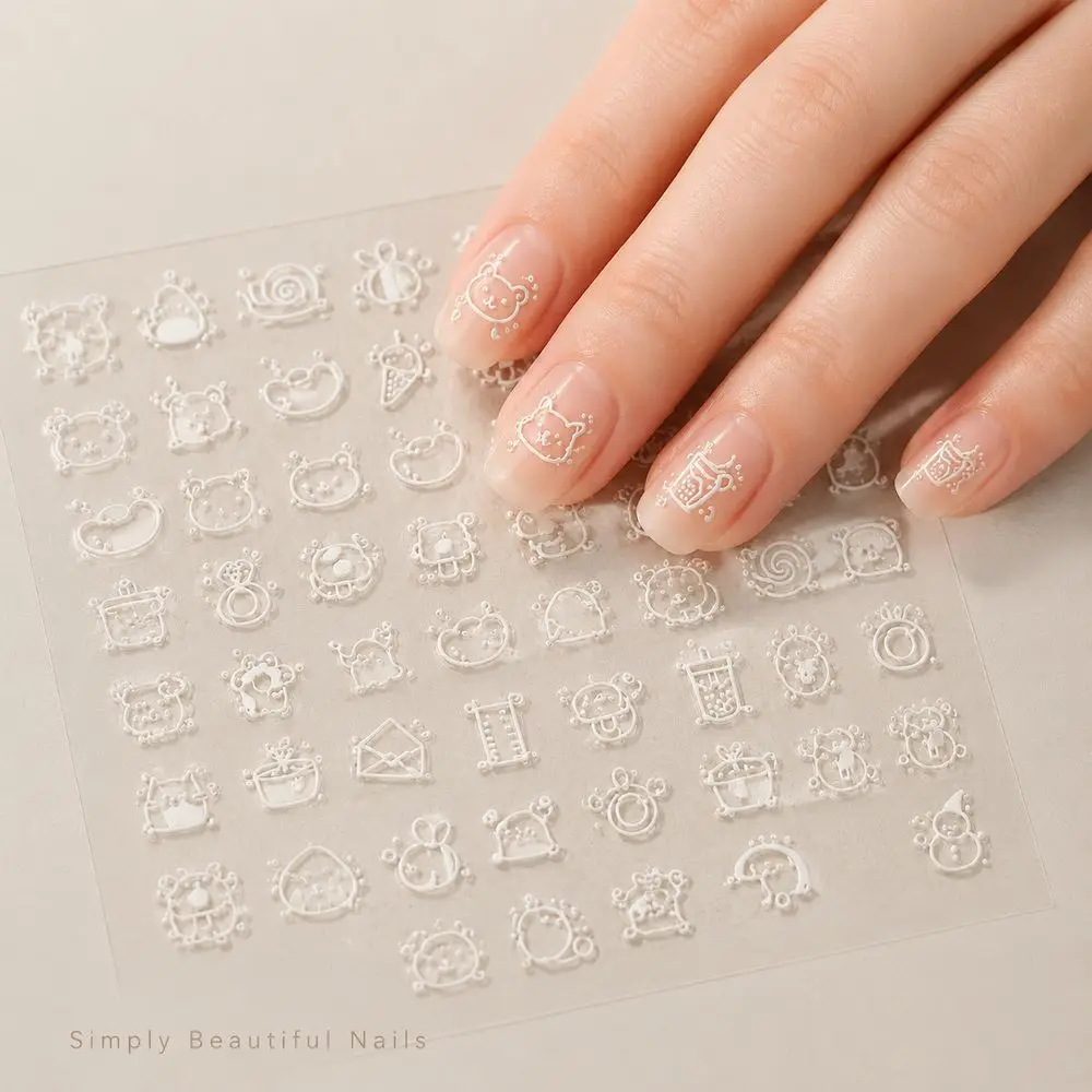 1Pc Kawaii Simple Sketch Nail Stickers Embossed Doodle Animal Snack Flower Pattern Slider Decals For Fashion DIY Nail Ornaments
