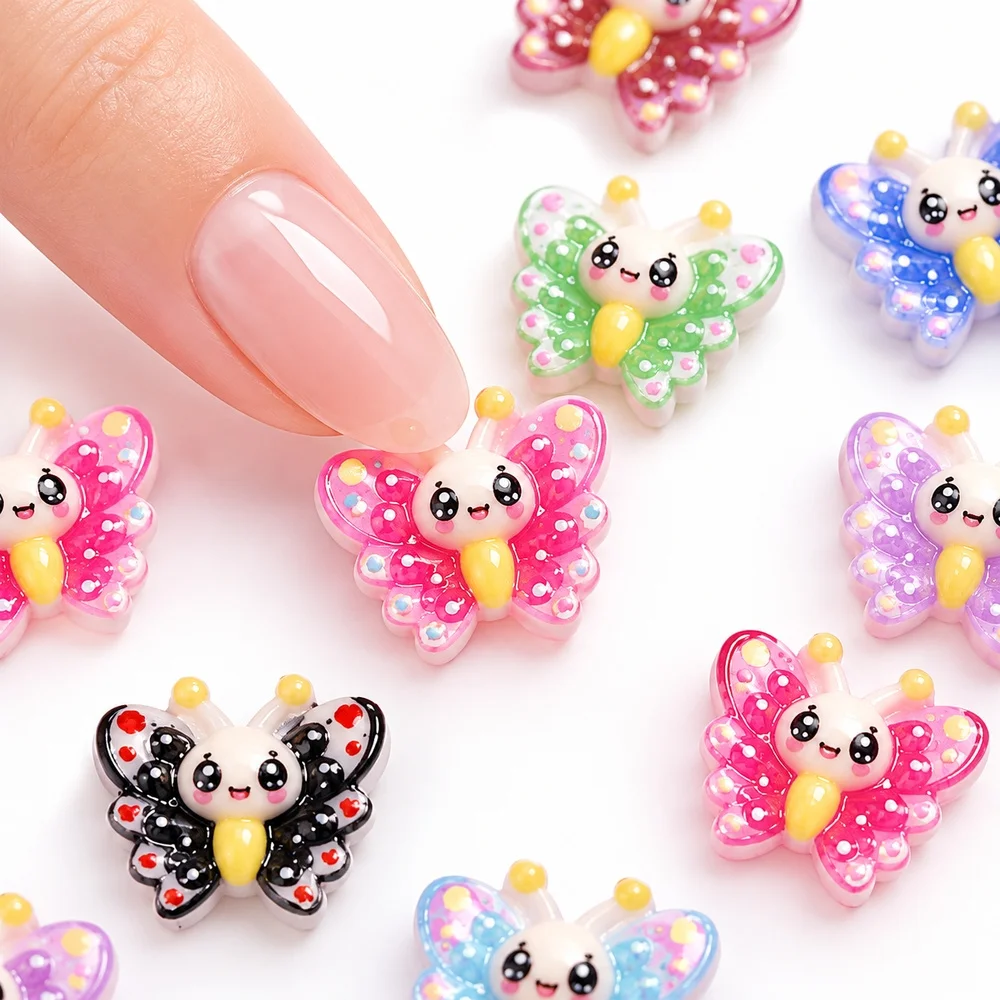 50Pcs Long-Lasting Resin Nail Charms 3D Kawaii Butterfly Shiny Dot Multi-Color Pack for Weekend Brunch Date Nail Decor Accessory