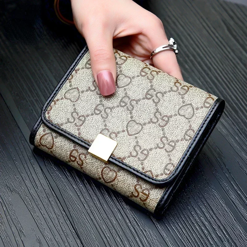 Women Folded Genuine Cow Leather Short Wallets + PVC Simple Cardholder Multi-functional Small Purse Real Leather Money Clip