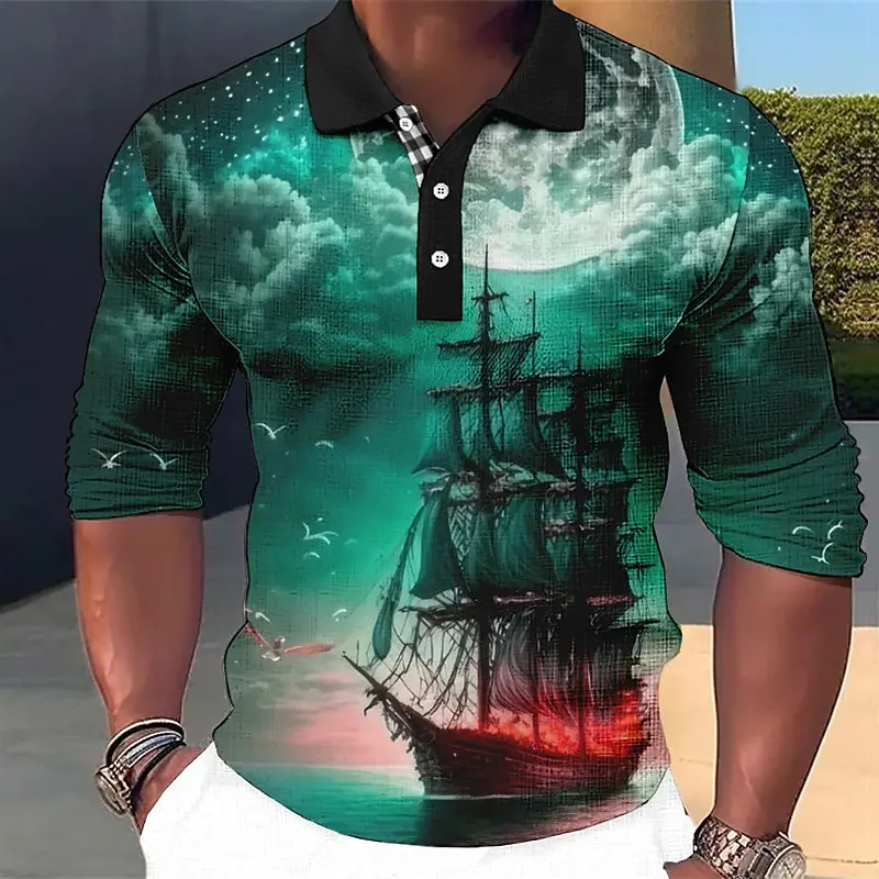 

Men's Boat Seaside Long Sleeve Polo Shirt Lapel Sports Leisure Outdoor Office Daily Wear Button Spring Autumn Winter