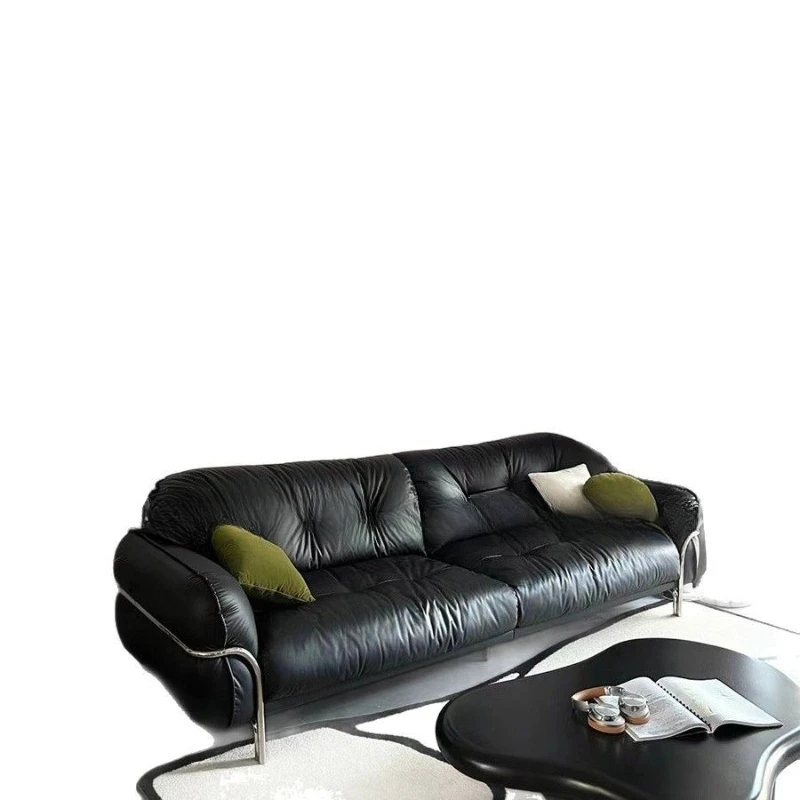 French retro leather sofa small apartment simple living room straight row black swan light luxury cloud sofa high foot