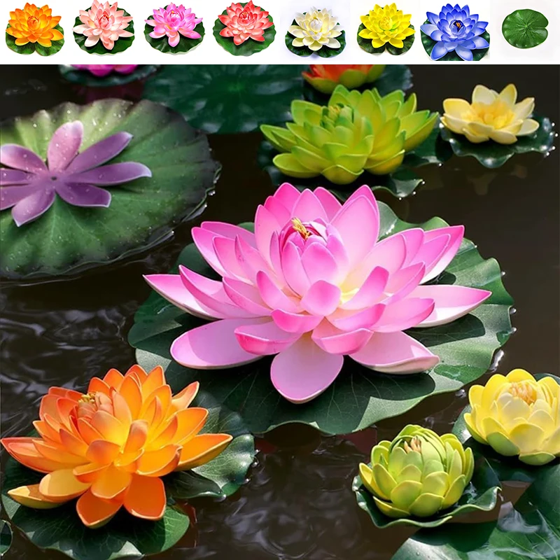 

EVA Foam Realistic Floating Lotus Flowers with Leaves 10/17/28/40cm Artificial Water Lily Pond Decor for Garden Pool Dance Prop