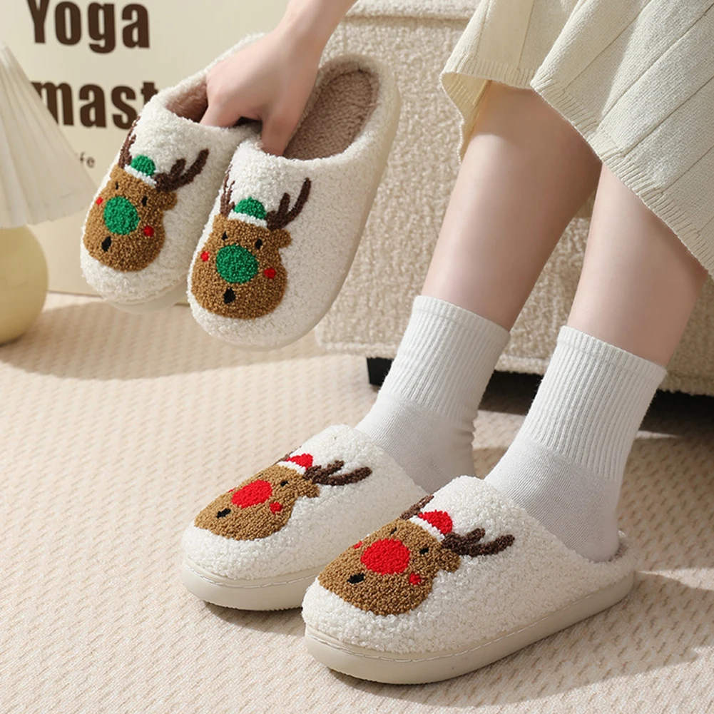 New Christmas Slippers Couples Cotton Slides Thick Plush Footwear Women Cute Fluffy Elk Slippers Men Indoor House Shoes 2023